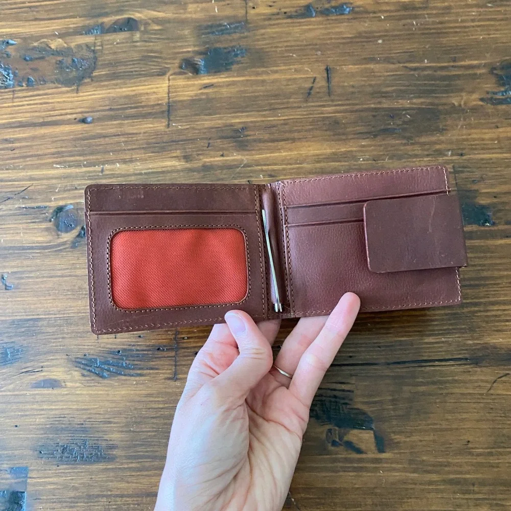 Colombian Leather Brown Bifold Wallet with Money Clip and Pull Tab Orange Accent